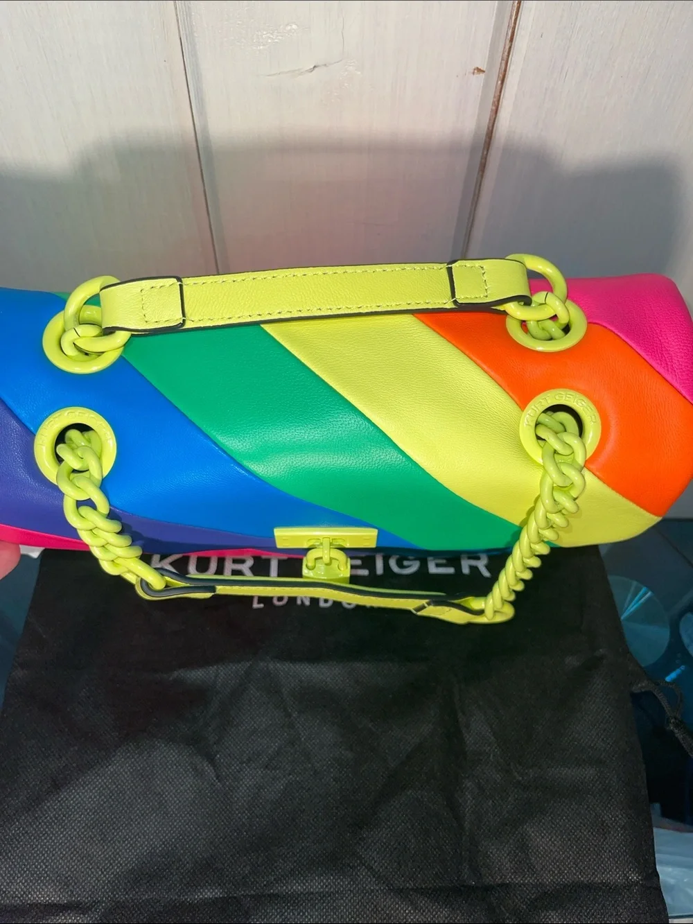 Kurt Geiger London Brixton Lock Multi Color Shoulder Leather Bag Neon Chain NWT - Picture 4 of 12